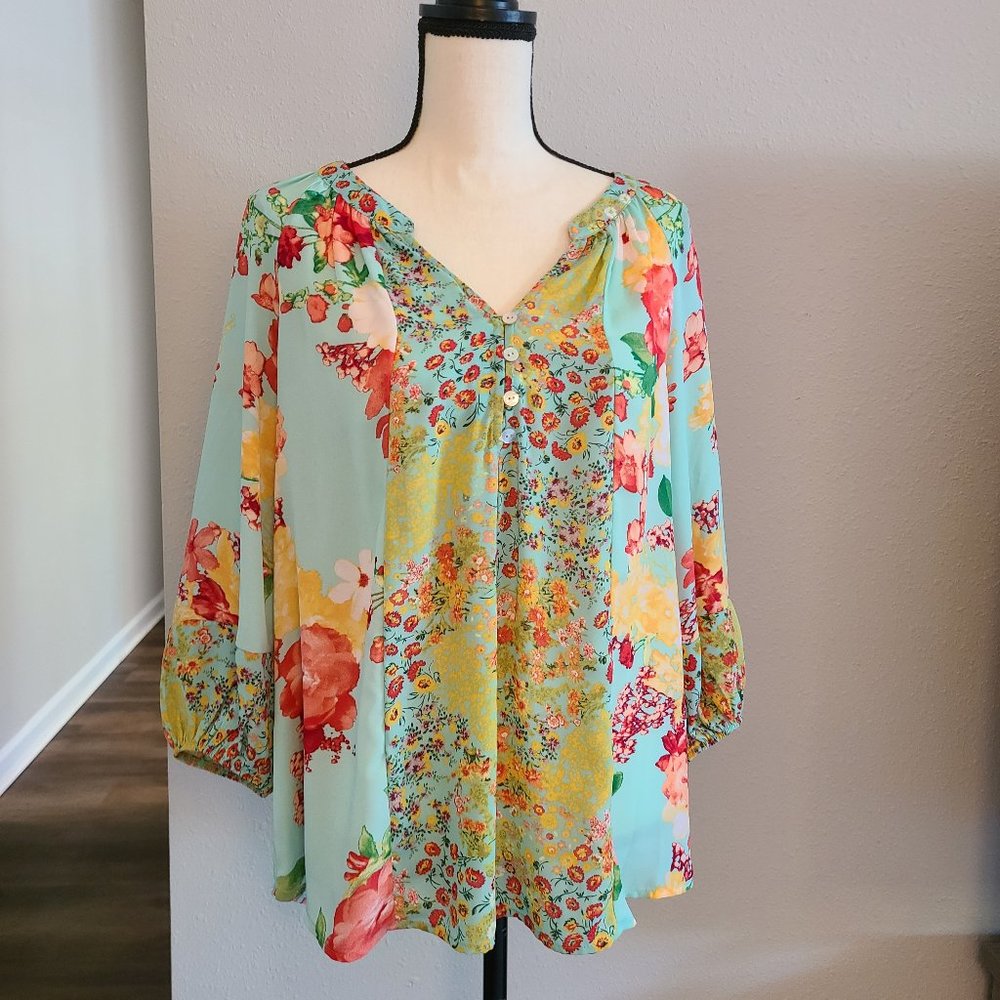 Fig and Flower Anthropologie Sheer Floral Blouse